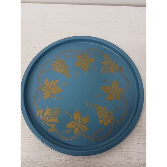 Vintage Blue Metal Grape Design Round Serving Tray And Eight Coasters Set MCM - Picture 3 of 6